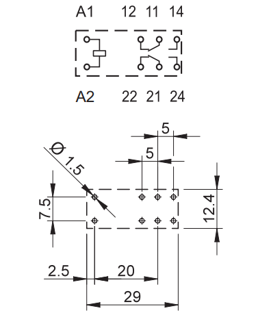 Relais circuit imprimé 2RT 8A 24V AC, matériau des contacts AgNi, Pas 5mm embrochable sur support série 95