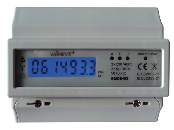 COMPTEUR kWh TRIPHASÉ POUR MONTAGE SUR RAIL DIN - 7 MODULES - USAGE PROFESSIONNEL