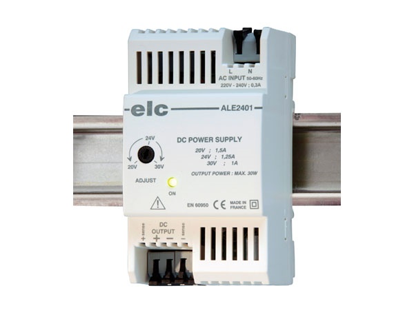Alimentation à découpage stabilisée 24V 1A25 (ajustable 20 à 30V) télérégulée, fixation sur rail DIN ou murale de série