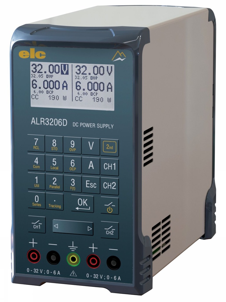 Alimentation double programmable 2x(0-32V 0-6A) ou 0-64V ou ± 0 32V ; 0-6A ou 0-32V 0-12A ; USB, RS485, LabView driver (Option LAN ETHERNET). FONCTIONS : Arbitraire, carré, rampe positive et négative, tps de montée et descente réglables