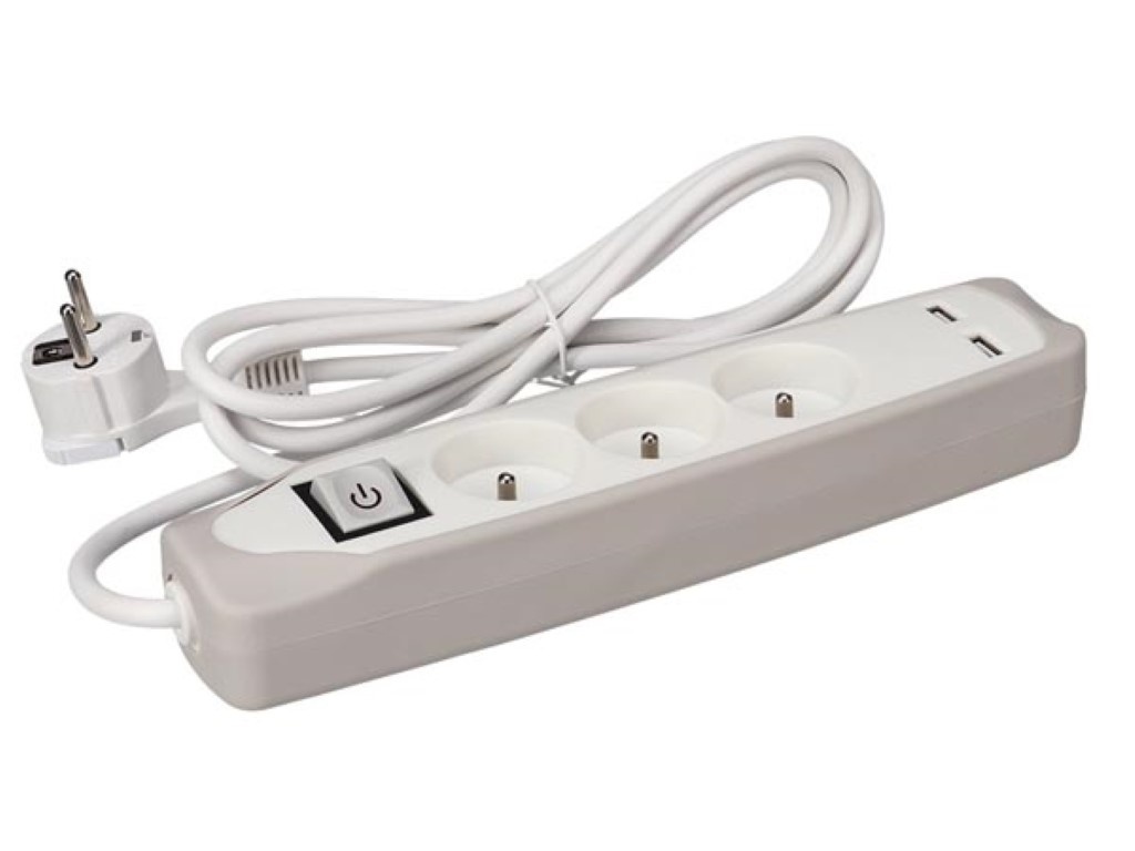 BLOC MULTIPRISE AVEC INTERRUPTEUR - 3 PRISES - 2 PORTS USB - GRIS/BLANC - CÂBLE DE 1.5 m - TERRE FRANÇAISE