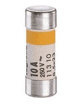 Cartouche cylindrique domestique 8,5x23mm sans voyant calibre 10A 230V~ pouvoir de coupure 6000A section protégée 1,5mm² Cu avec repérage couleur jaune