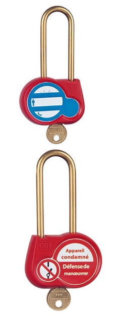 Cadenas de consignation en laiton (anti-corrosion) avec coques en plastique rouge. Anse Ø 4 mm / H 70 mm. Clé aléatoire. Marquage : recto : "Appareil condamné - Défense de manuvrer" / verso : coordonnées de lutilisateur à remplir.