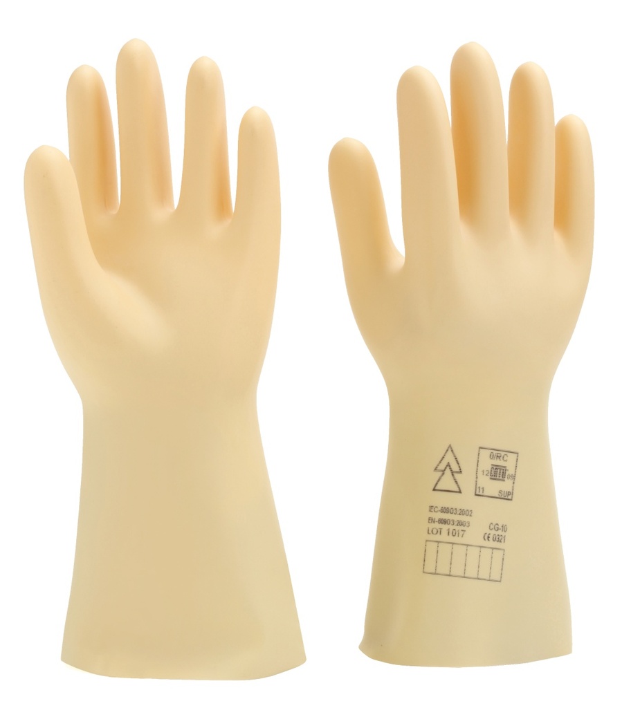 Gants isolants latex naturel classe 00 (500 VAC - 750 VDC) T 9. Conforme norme EN 60903: 2003 (IEC 60903 : 2014). Finition Wellfit pr une meilleure dextérité. QR code pr lecture rapport de test. Accessoire: Sur-gants  CG-981-09.