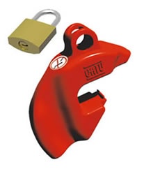 Condamnateur modulaires, disjoncteurs, interrupteurs, différentiels. Plastique rouge. Fixation avec tournevis plat n°3. Cadenassable pr condamner accès à la vis de fixation, trou Ø6mm. Livré avec1mini-cadenas. Picto."Défense de manuvrer"