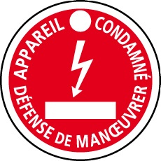 Macaron de consignation, normalisé ENEDIS. Matière plastique,fond rouge. Ø80mm. Fixation par suspension trouØ10mm. Marquage text