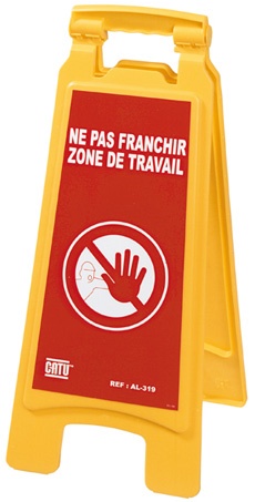 Balise jaune pliante. Message ''NE PAS FRANCHIR ZONE DE TRAVAIL'' blanc sur fond rouge. Usage extérieur et intérieur. Poignée de