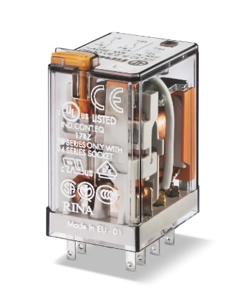 Relais industriel, 2RT 10A 230V AC, matériau des contacts AgNi, avec bouton test + LED et indicateur mécanique, embrochable sur 