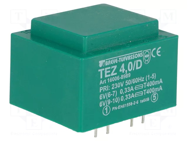 Transformateur: moulé; 4VA; 230VAC; 6V; 6V; 333,3mA; 333,3mA; PCB