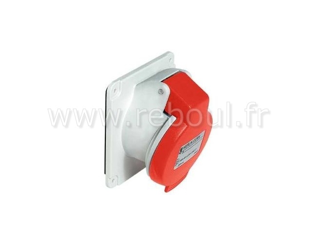Mureva - prise industrielle basse tension inclinée - 16A - 380...415 V - CA - 3P+T - 50/60 Hz - IEC 60309-1&2 - vis imperdables - IP44 - IK08 - 850°C - 65 x 85 mm - Socle gris ( RAL 7035 ) - Capot (tension) rouge