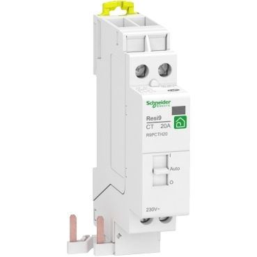 Resi9 CT - contacteur heures creuses - 2F - 20A - Tension circuit de commande : 230 V CA 50/60 Hz - commande manuelle et à distance - pré-équipé peignable XP - NF - Largeur : 2 pas de 9 mm - blanc RAL 9003 - IP20