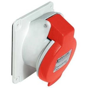 Mureva - prise industrielle basse tension inclinée - 32A - 380...415 V - CA - 3P+T - 50/60 Hz - IEC 60309-1&2 - vis imperdables - IP44 - IK08 - 850°C - 90 x 100 mm - Socle gris ( RAL 7035 ) - Capot (tension) rouge