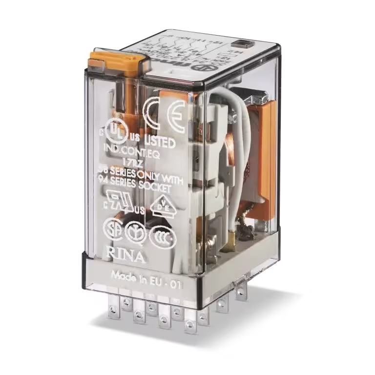 Relais industriel, 4RT 7A 24V AC, matériau des contacts AgNi, avec bouton test et indicateur mécanique, embrochable sur support série 94