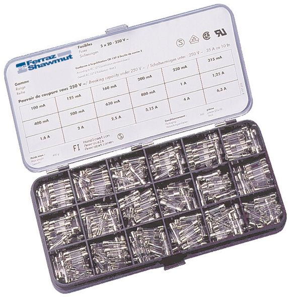Boîte fusible - Basse tension - Miniature - Verre - Taille : 5 x 20 mm - Courbe : Rapide - Tension Nominale : 250 VAC - Courant Nominal : 0,1A - 6,3A