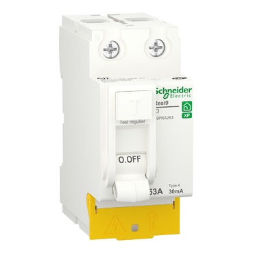 Resi9 - interrupteur différentiel peignable - type A - 63A à 30°C selon EN/CEI 61008 - 1P + N - 30mA selon EN/CEI 61008 - Différentiel instantané - Ue : 230 V CA 50 Hz - CE - NF - Largeur : 4 pas de 9 mm - blanc RAL 9003 - IP20
