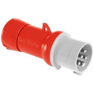 Mureva - fiche industrielle - basse tension - droit - 32A - 3P+N+T - 380...415 V - 50/60 Hz - IEC 60309-1 et 2 - vis imperdables - Diam. câbles : 11.5 à 21mm - IP44 - IK08 - 850°C - gris ( RAL 7035 ) - rouge