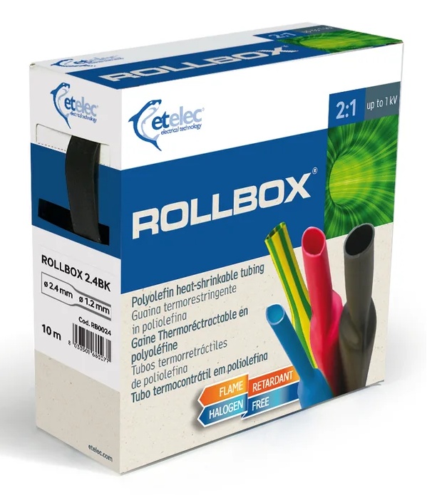 Gaine thermorétractable, rétreint 2:1, distributeur de 1,5m, diam. 25,4, vert/jaune. Polyoléfine réticulée, RoHS 2, sans halogèn