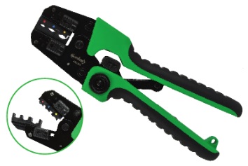 Pince à sertir à cliquet à matrices interchangeables. Livrée en coffret avec matrices pour: cosses isolées 05-6,0mm², embouts 0,5-16mm², cosses nues 0,5-10,0mm².