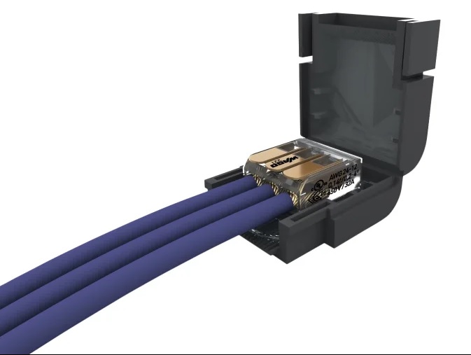 Mini boite de jonction extra-plate 0,6kV, 32A IPX8, avec gel isolant et borne à leviers. Blister de 1 boite 1 borne à 3 entrées pour câble rigide et souple de 0,2-4,0mm²