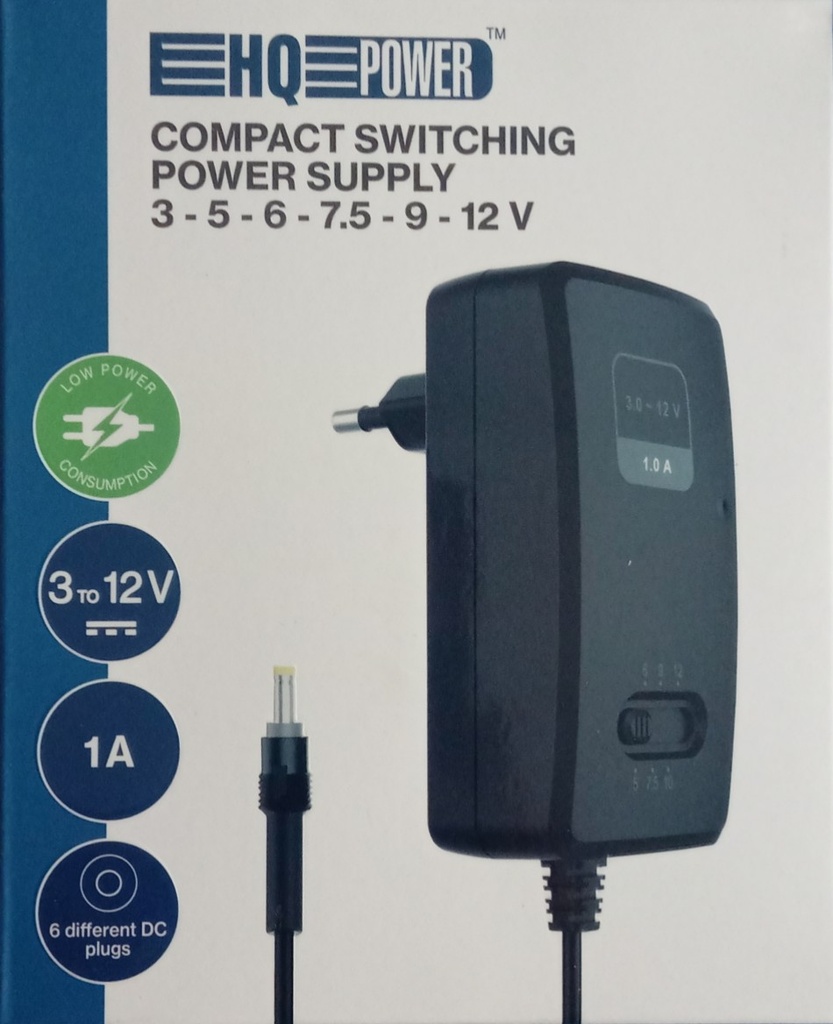 ALIMENTATION COMPACTE À DÉCOUPAGE AVEC SORTIE RÉGLABLE - 100-240 V - de 3 à 12 VCC - 1 A + 6 fiches
