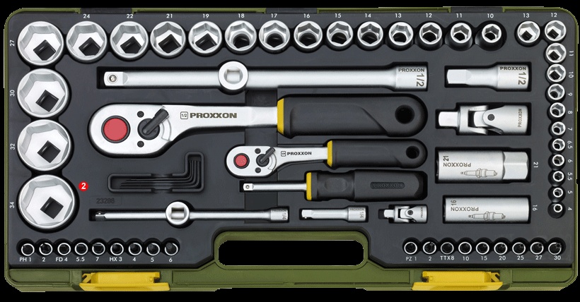 Coffret complet avec cliquet, 1/4'' + 1/2'' (65 pièces)