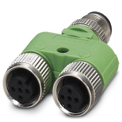 Répartiteur en Y, 3 pôles + PE, connecteur mâle droit M12 sur 2 connecteurs femelles droits M12, broches 2+4 pontées, distance d