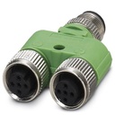 Répartiteur en Y, 3 pôles + PE, connecteur mâle droit M12 sur 2 connecteurs femelles droits M12, broches 2+4 pontées, distance d