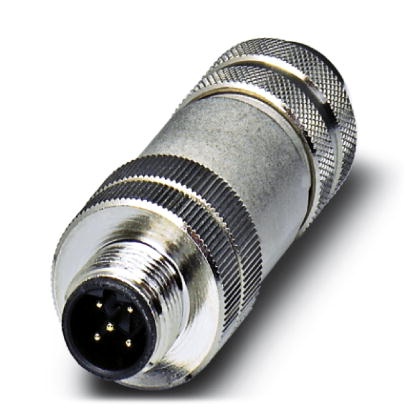 Connecteur-bus, connecteur mâle, droit, 5 pôles, M12, blindé, contacts dorés, détrompage A, raccordement vissé, molette métalliq