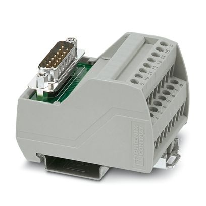 Module VARIOFACE, avec raccordement vissé et connecteur mâle SUB-D, se monte sur profilé NS 35/7,5 ou NS 32, 15 pôles